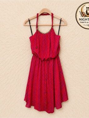 Bright Pink Chevron‎ Midi Dress with Blue Accents - Medium